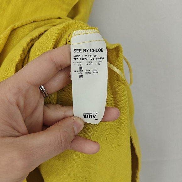 See By Chloe One Shoulder Bow Tie Yellow Linen Blend Mini Dress Size 6 Women's - Picture 16 of 16